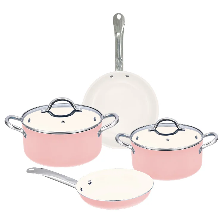 Korean Style 4 Pcs Durable Ceramic Paint Kitchen Induction Stainless Steel Handle Cookware Sets Cooking Pot Set