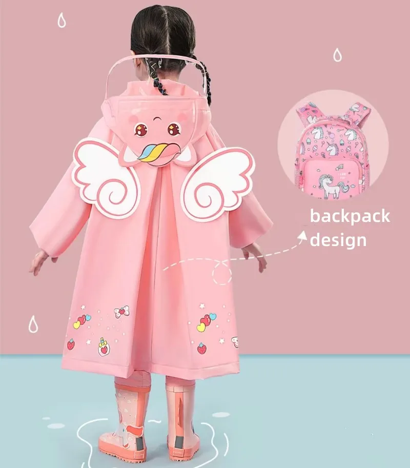 fancy EVA waterproof cartoon character raincoats for school student kids backpack wholesale children raincoat