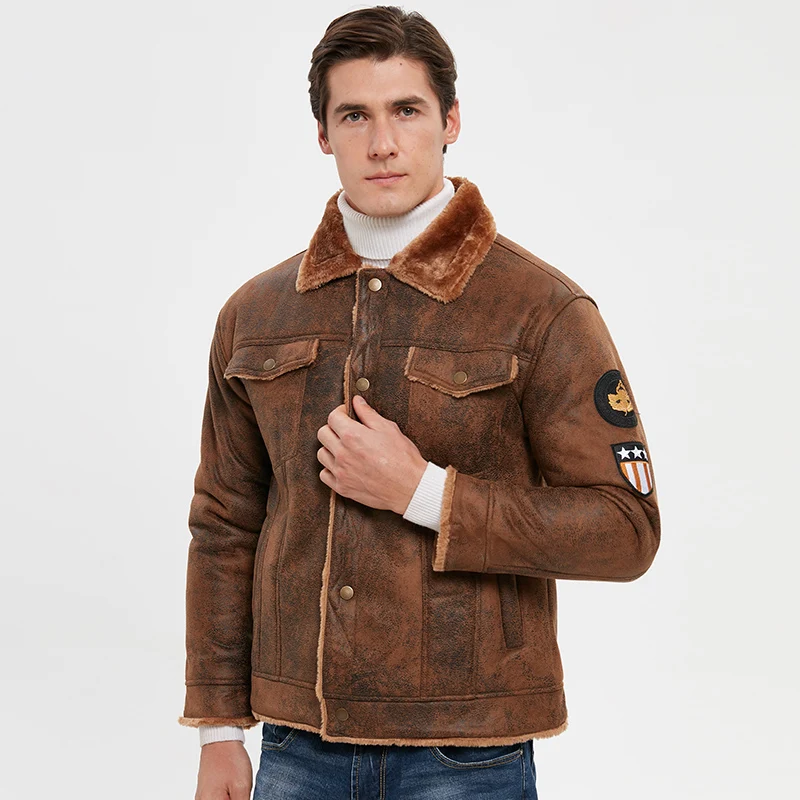 
2020 Winter Fashion Pilot Thick Faux Wool Motorcycle Jacket Suede Air Force Leather Flight Bomber Jacket 