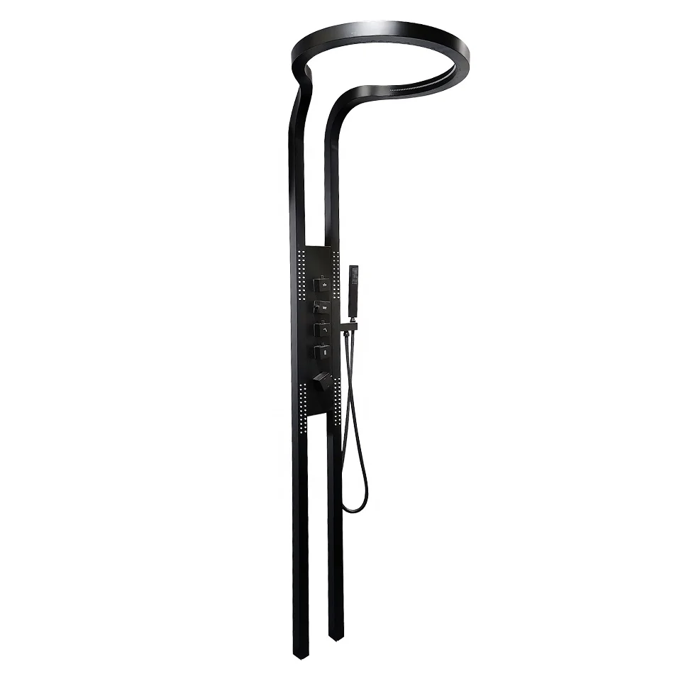 Large Ring Waterfall Installation Shower Handheld Shower Tub Hot  Cold Temperature Control Back Massage Black Modern Brass