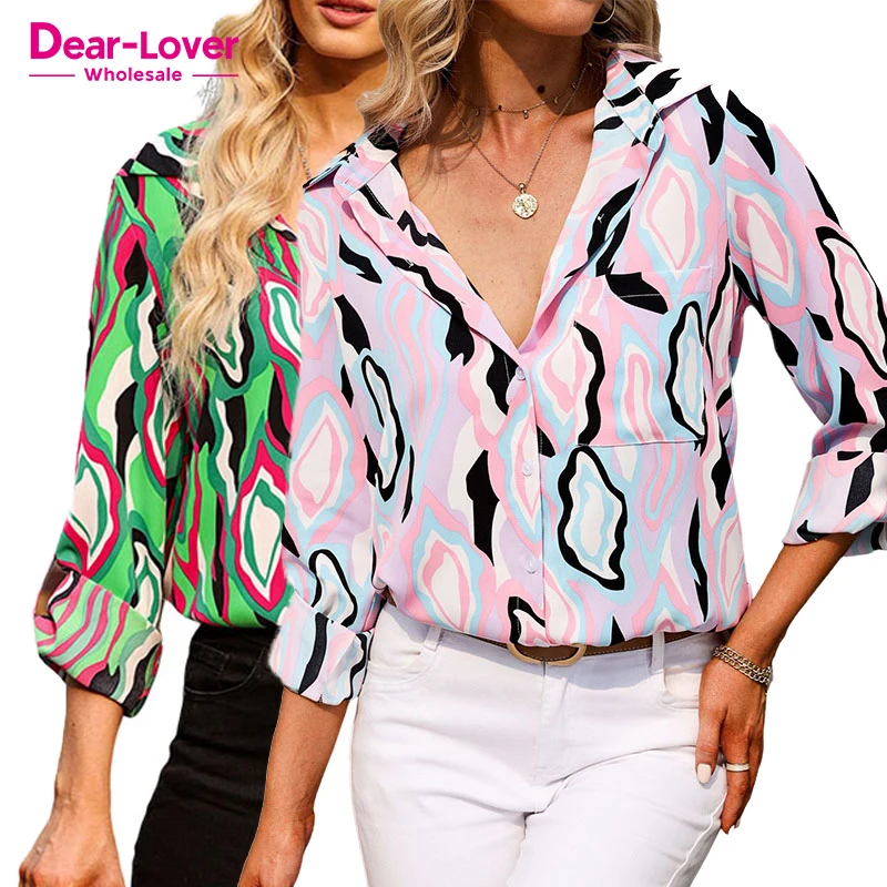 Dear-Lover Western Fashion Woman Abstract Print Roll-tab Sleeve Chest Pocket Shirt Ladies Tops