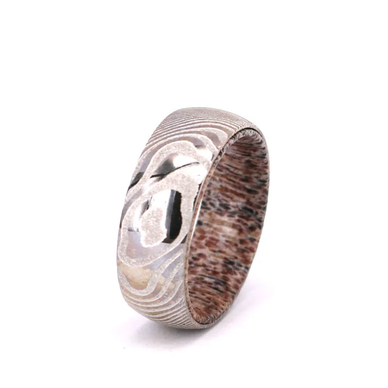 Latest Design Domed Comfort Fit Antler Wedding Band Unique Mokuti Damascus steel wedding Ring for Hunters