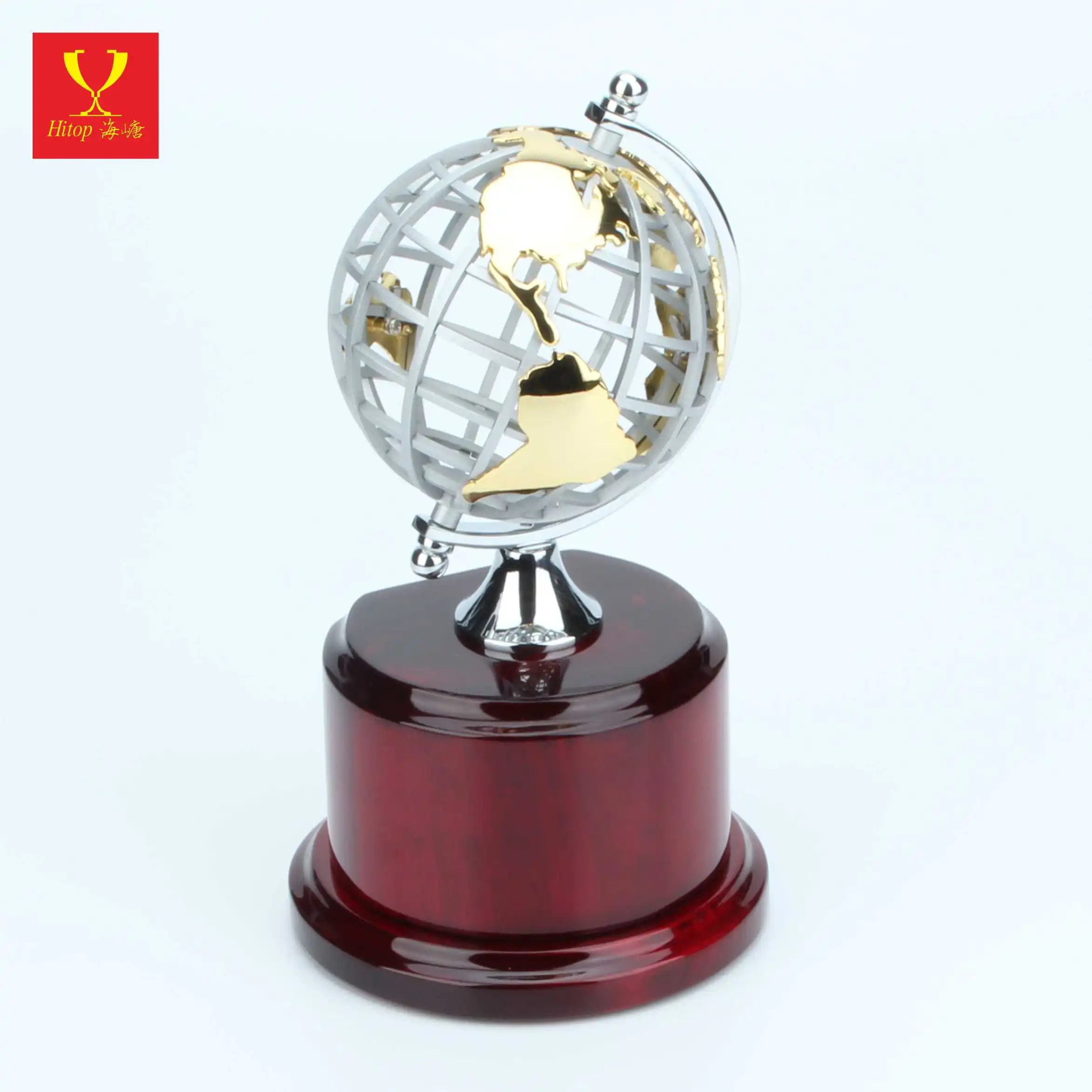 Silver Metal Globe Business Gift With Piano Coating Base customize wooden box and trophy