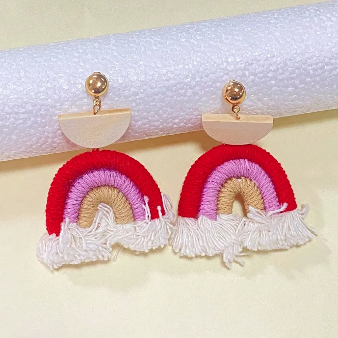 Bohemia Popular handmade rainbow fringe wood splicing versatile personalized earrings for women