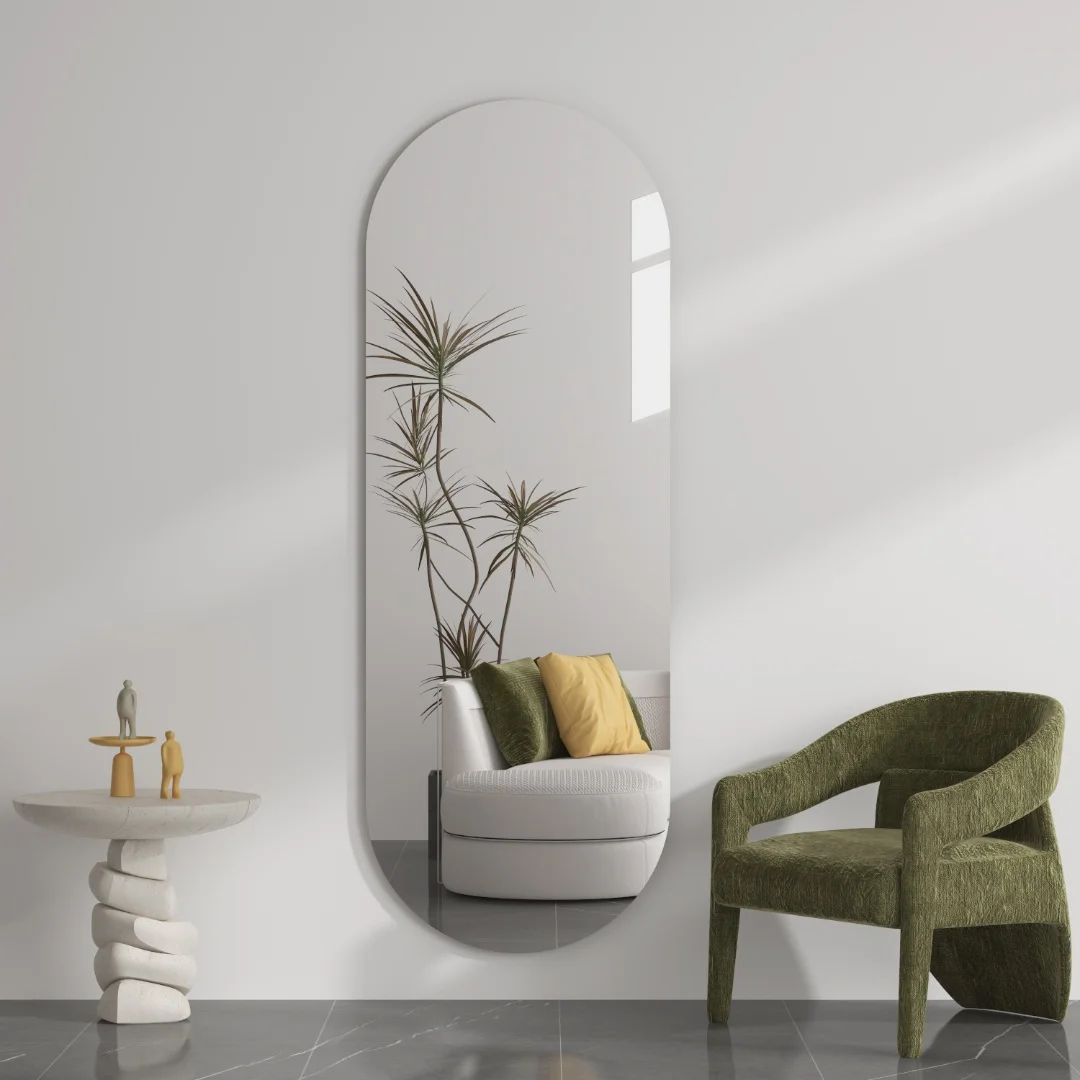 Factory Supply Explosion-proof Silver Style Bevel Edage Runway/Oval Single Glass Mirror Sheet Self-Adhesive Barber Shop Mirror