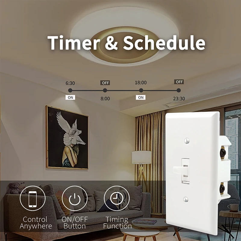 US Standard Wifi Smart Switch Single Pole Toggle Type Easy Installation with Google Alexa Wireless Control for Smart Life