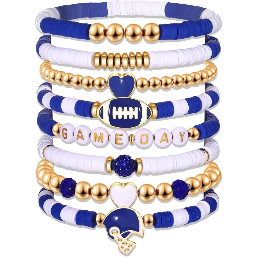 Game Day Bracelets for Women Football Bracelets Red Black Blue Heishi Clay Beaded Bracelets