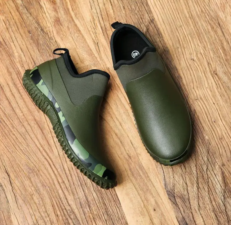 2024 high quality waterproof green rain shoes car washing fishing water shoes students camouflage flat men short rain boots