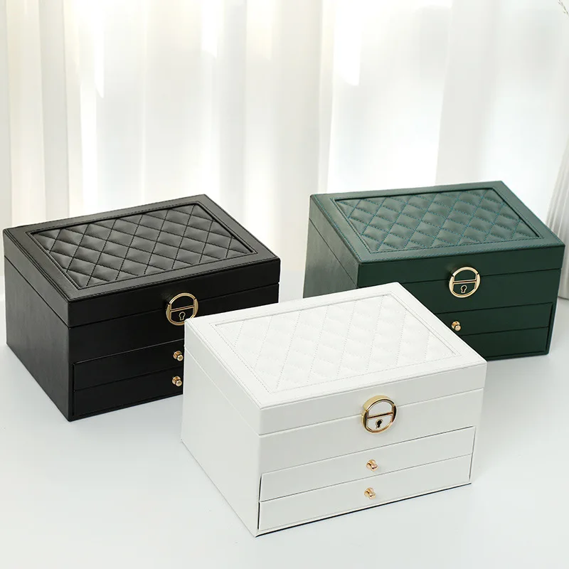 Multi-function jewelry box Three layer lock leather jewelry storage box Earring jewelry box