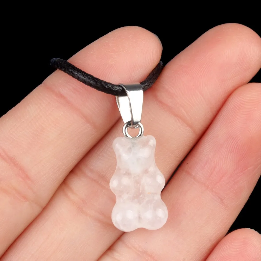 Natural Crystal Cartoon Mini Bear Pendant 10*18mm Tiger Eye Rose Quartz Gemstone Carved Bear Animal Charms For Jewelry Making