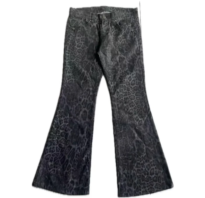 custom high quality full leopard print black wash slim fit stacked jeans