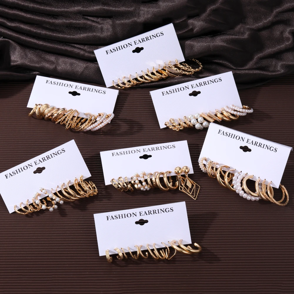 New Wholesale Gold plated Pearl Butterfly Acrylic  Hoop Earring Set for Women Metal Hollow Earrings Jewelry