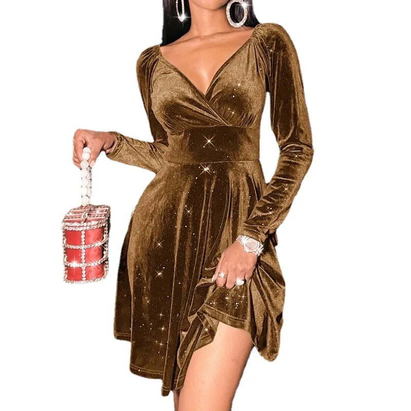 Popular autumn winter long sleeve V-neck velvet Christmas dress fashion sexy dresses women night club