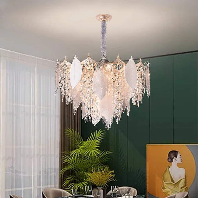 French Empire Crystal Glass Leaf Hanging Pendant Light Living Room Crystal Luxury Chandeliers