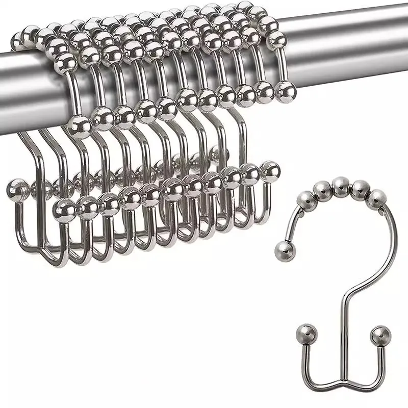 Double Nickel Circular Chrome Steel & PVC Roller Glide Hooks Essential Metal Shower Curtain Rings for Curtain Poles & Tracks