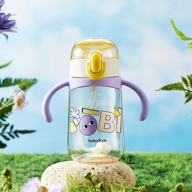 BPA free Plastic Baby Water Bottle with One Touch Lid Silicone Straw And Handle Kids Water Bottles