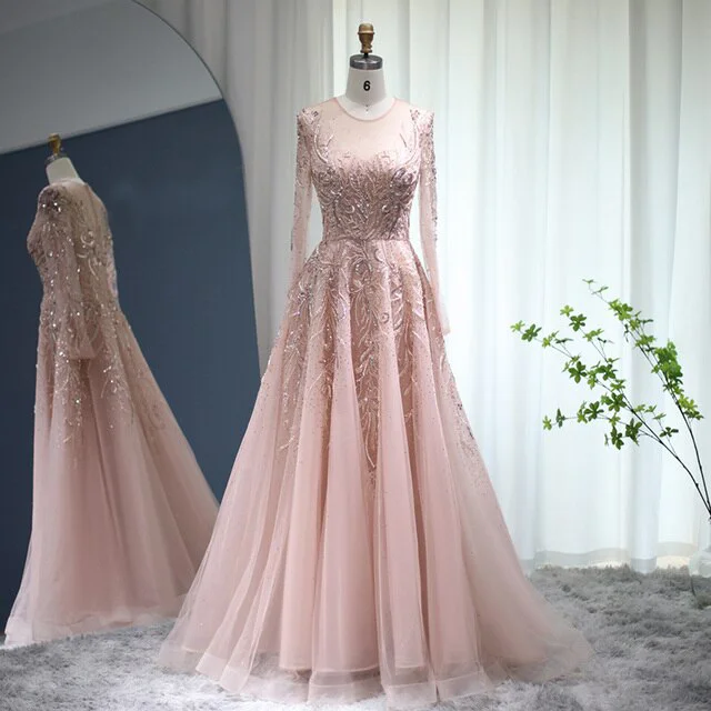 ASA-SS50 Modest Aline Scoop Long Sleeves Evening Dress Luxury Dubai Floral Party Prom Dress for Women