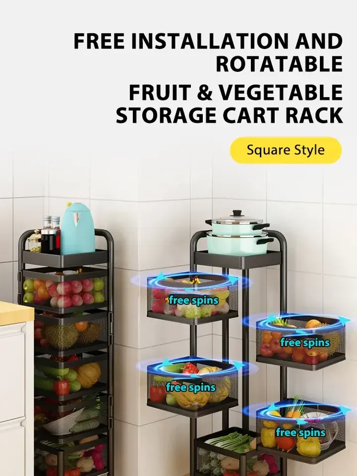 Square Round Basket Storage Rack Kitchen Rotating Storage Rack Fruit Vegetables Metal Storage Cages Cart With Wheels
