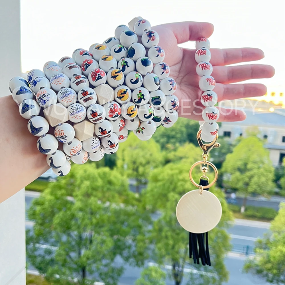 Custom Baseball Sporty Wristlet Key Ring Wood Disc Rugby Football Basketball Wooden Beaded Bracelet keychain
