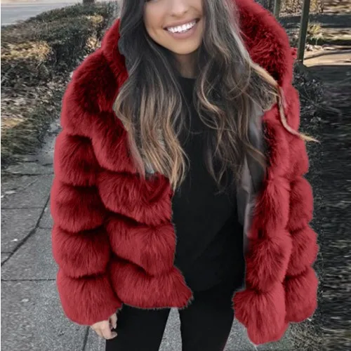 Fluffy Winter Fur Coat Hooded Patchwork Faux Fox Women Light Down hooded Fur Jacket