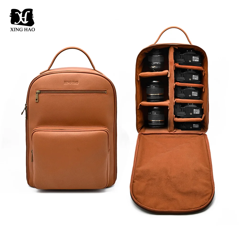 Fashion Design Brown Vegan Leather Bags Large Capacity Travel Camera Backpack High quality camera bag