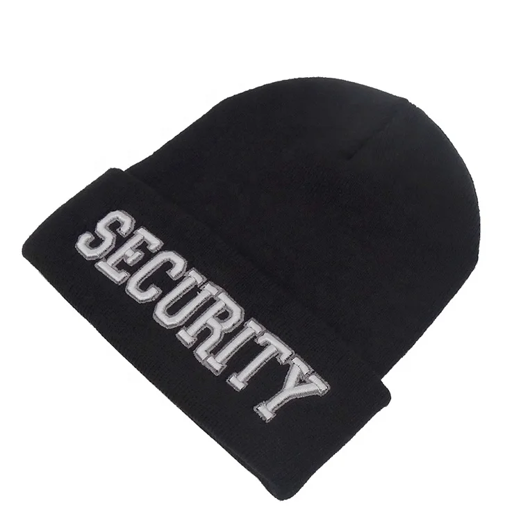 Wholesale security hat black knit beanie with letters worker mens winter hat cap toque cuff beanies embroidered logo custom