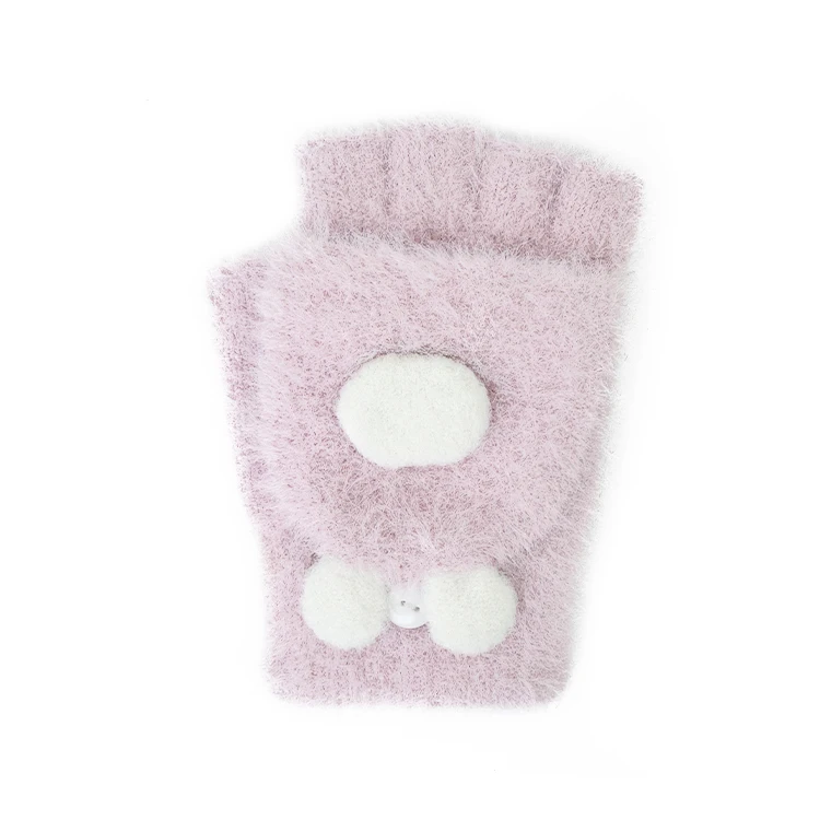 Convertible Flap Cover Kids Knitted Warm Faux Mink Fur Fingerless Gloves with Rabbit Designed Cover Mitten Cover Pink