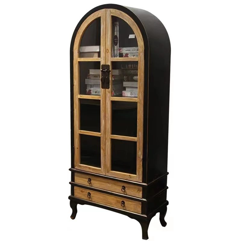 French modern light luxury villa living room solid wood carved arched glass door wine cabinet