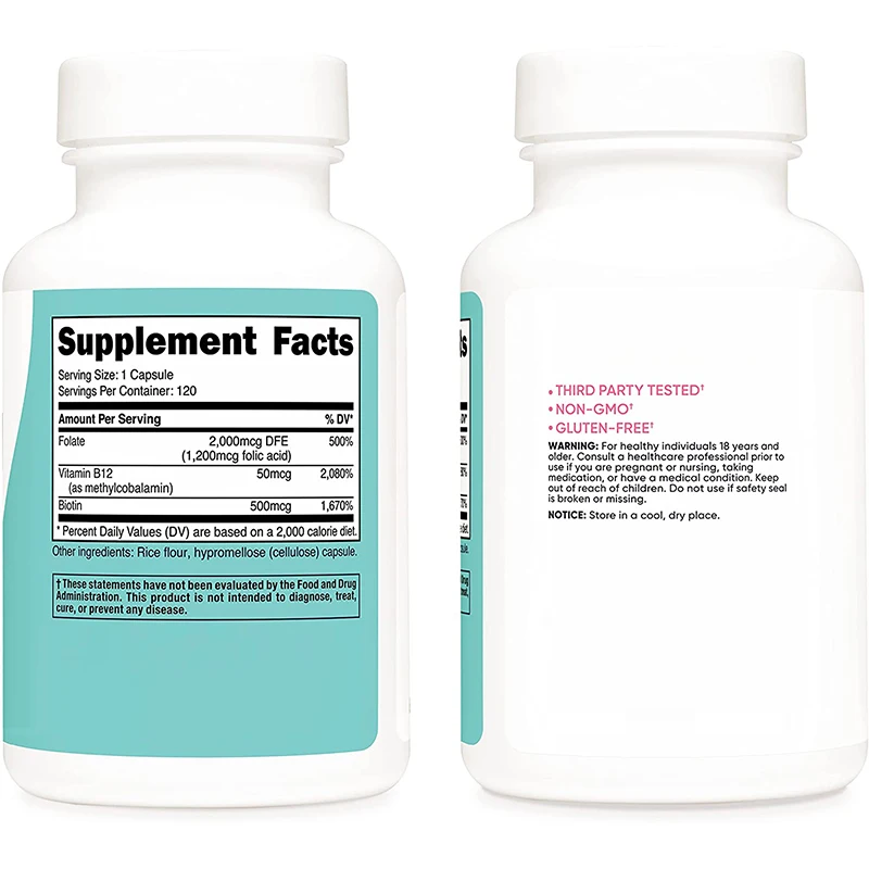 Private Label Folic Acid for Women Vitamin B9 Capsules with B12 and Biotin Veggie Capsules Gluten Free Vitamin Capsules