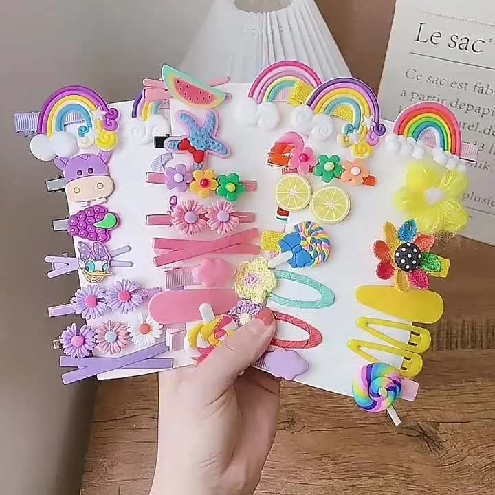New Design 14Pcs/Set Cartoon Candy Color Cute Hair Barrette Rainbow Cloud Lollipop Hair Clip Pin Accessories Set For Kids Girls