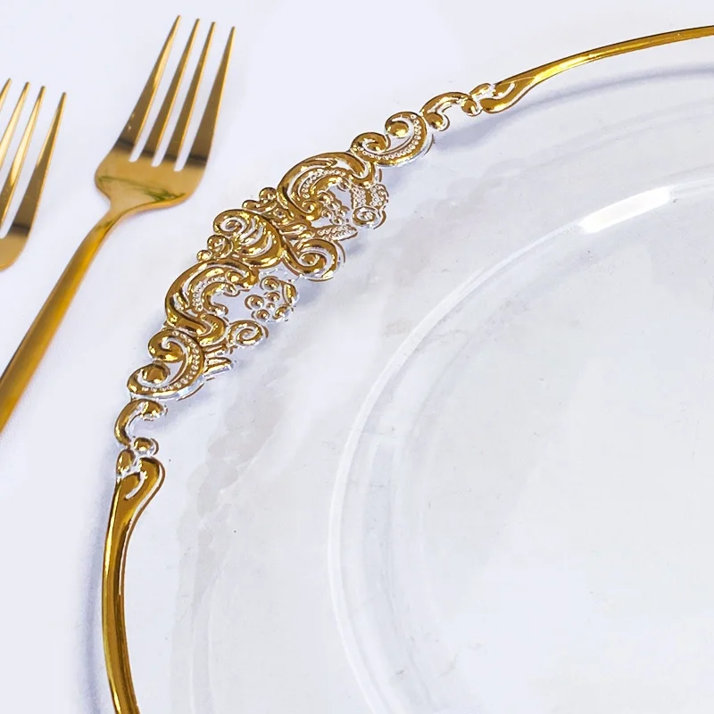 luxury cheap wholesale round transparent plastic reef silver rose gold rim beaded clear charger plates wedding decoration rustic