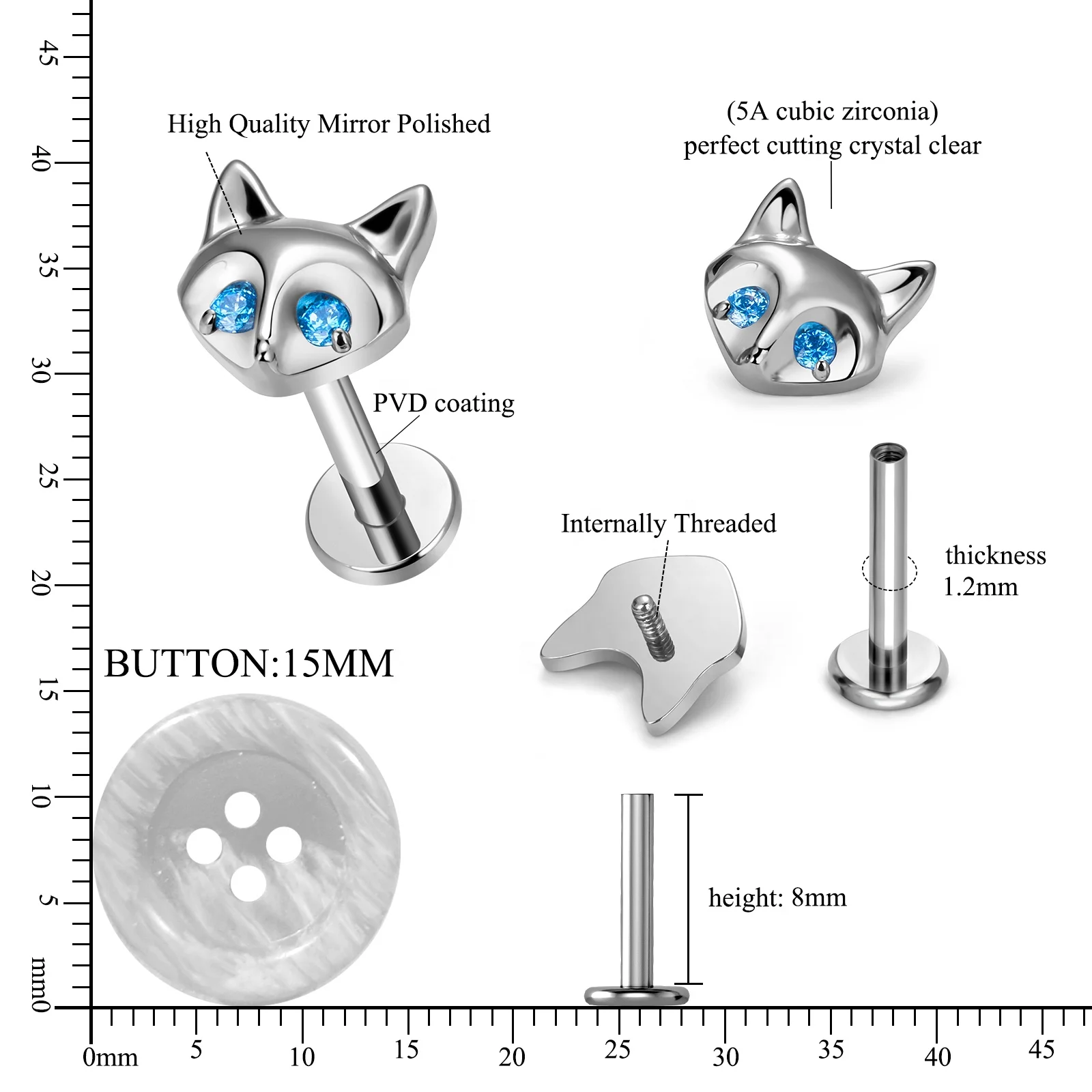G23 Titanium Piercing CZ Gem Internally Threaded Labret Monroe Lip Ring Tragus Nail Helix Earring Stud 16G Body Jewelry