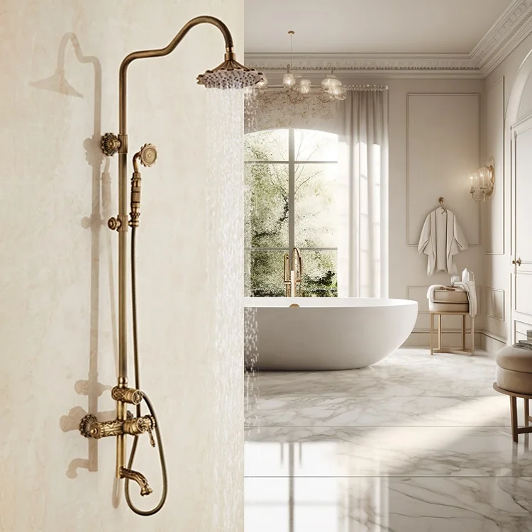 Luxury Antique Brass Shower Faucet Set European Style Exposed Shower Mixer