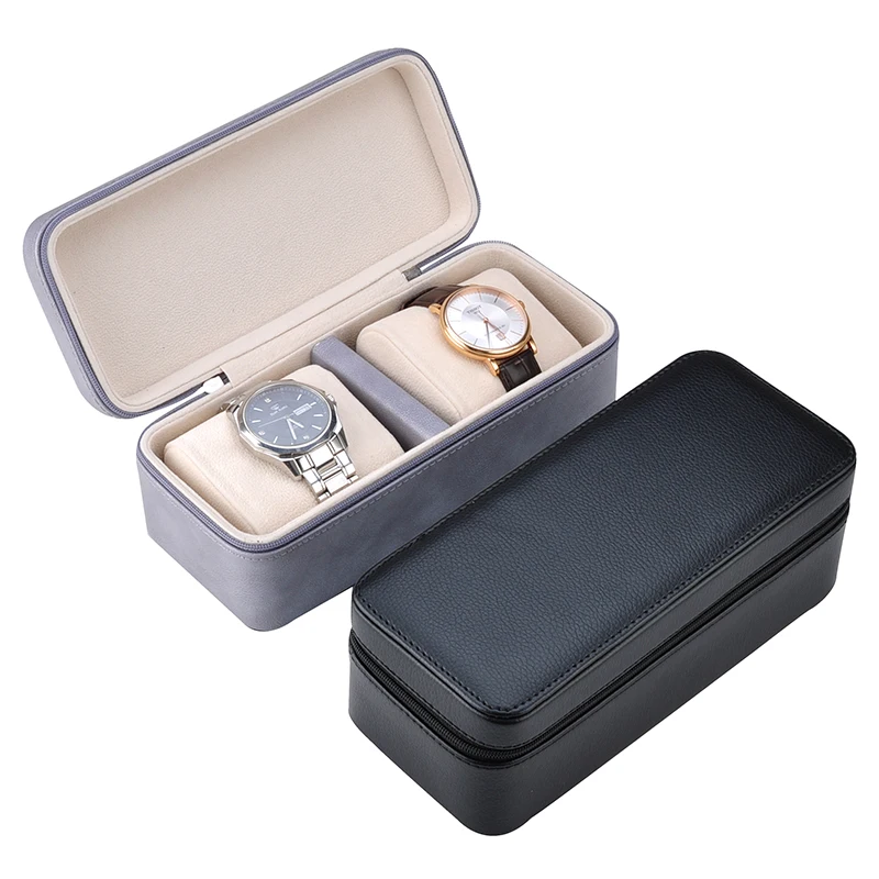 Customize Leather Portable Watches Gift Box  2 Slot Zipper Travel Watch Bag