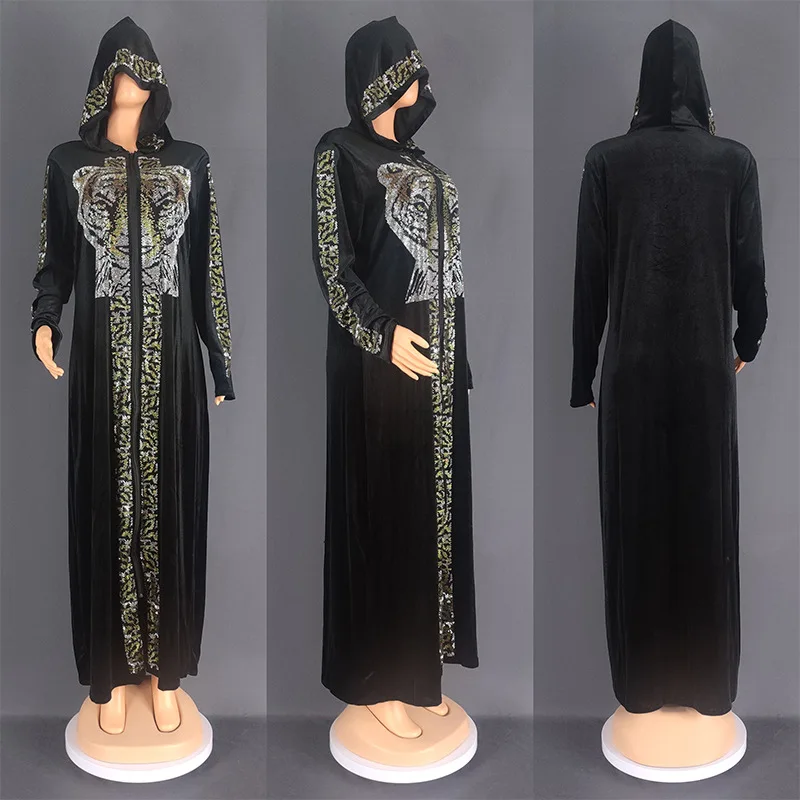 Muslim long sleeved hoodies robe African tiger head lying zippered long dresses Oversized flannel cardigan hooded long dress