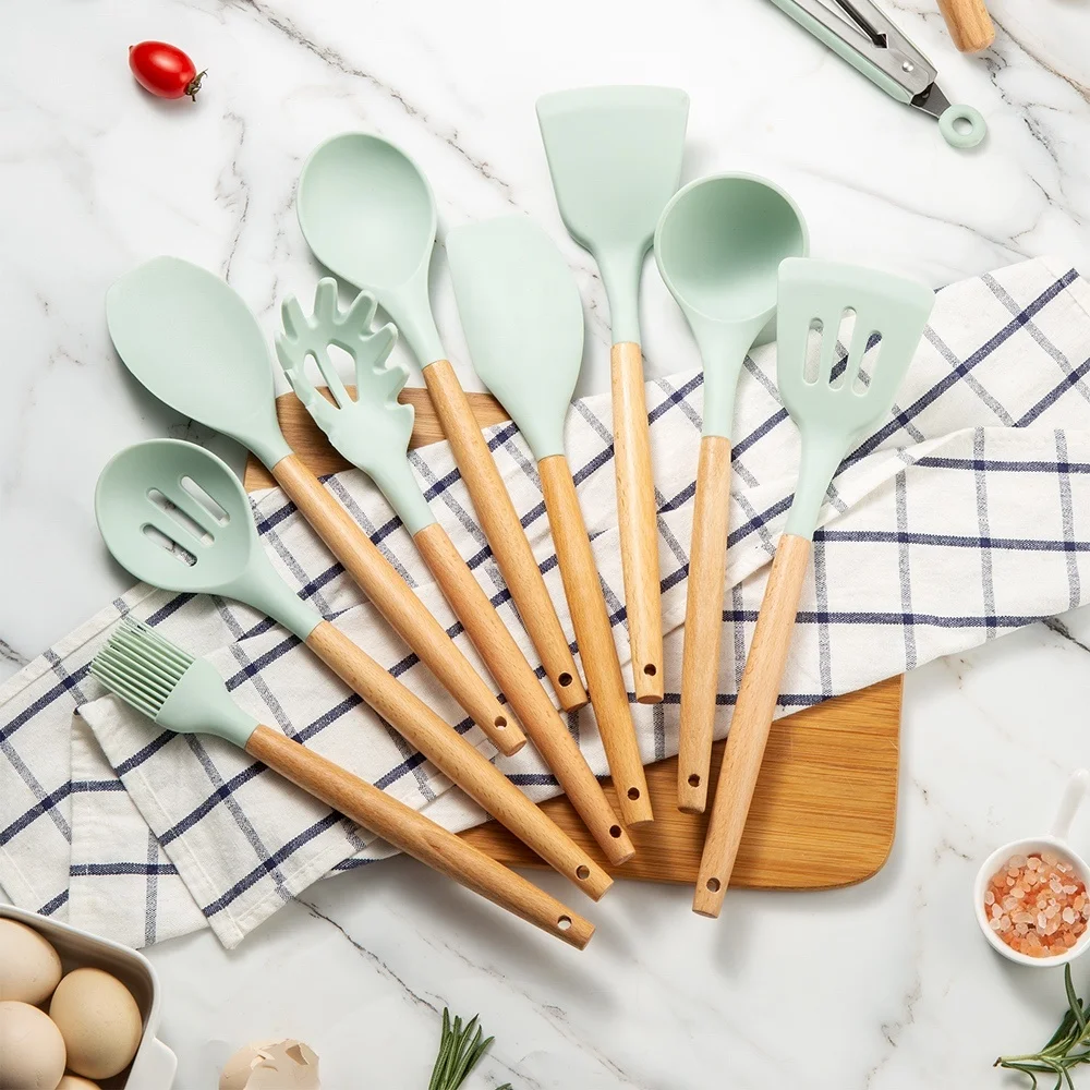Скандинавский небольшой минимальный заказ, розовые силиконовые кухонные принадлежности, наборы кухонной утвари, кухонная утварь с деревянной ручкой