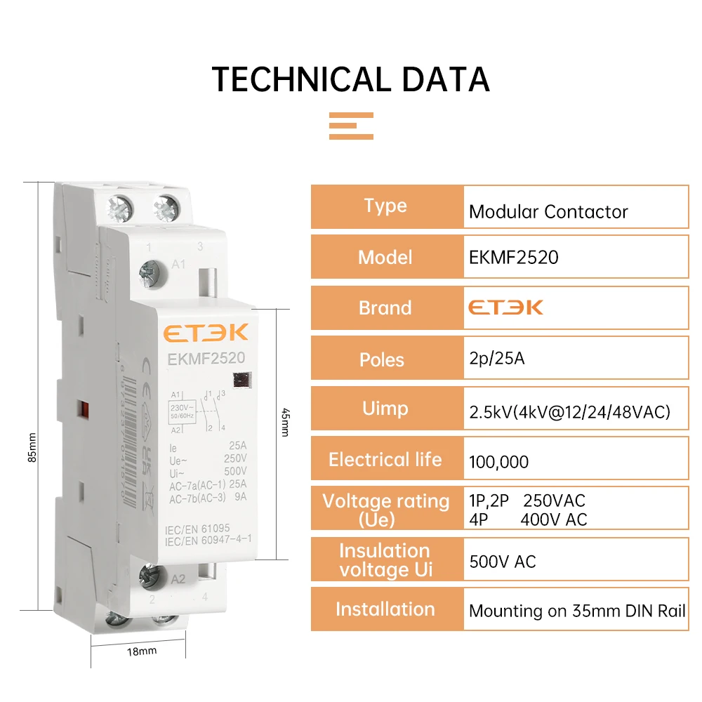 ETEK AC type mini modular contactor 220v 2 pole 2 NO magnetic 2p 1phase 25A  electric contactors