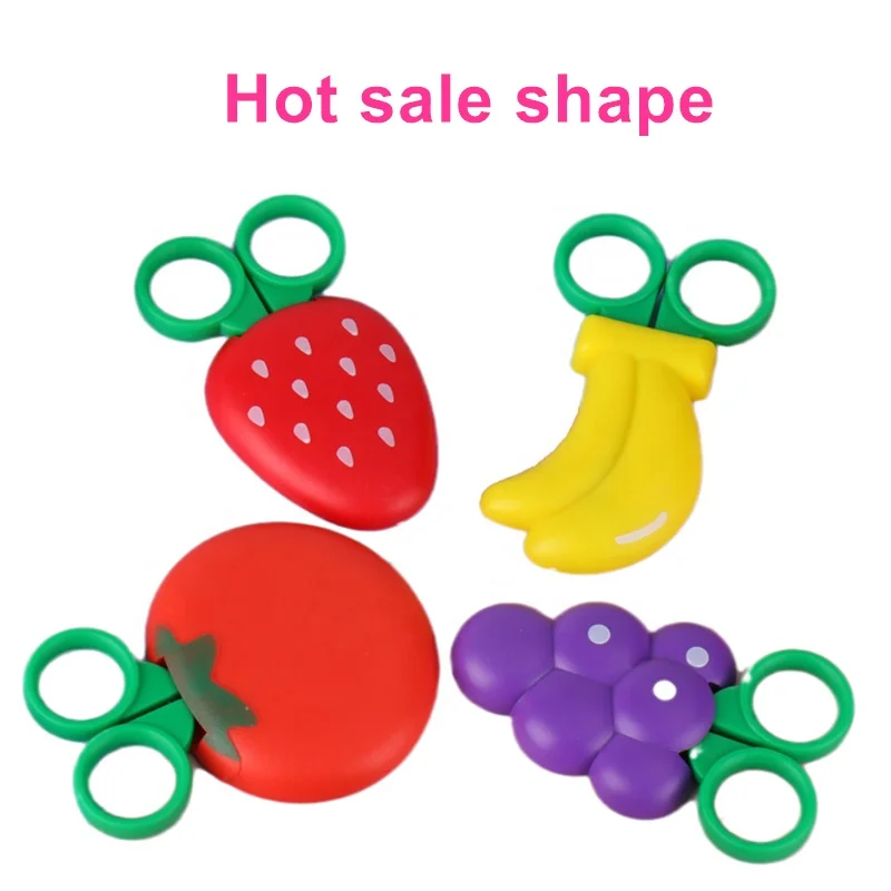 Strawberry shape children scissor with magnetic cover green color handle with magnet cover scissor for student scissors