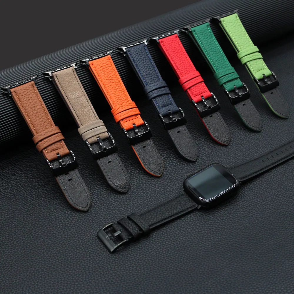Litchi Grain Genuine Leather Watch Band Cowhide Pressed Thread  Leather Watch Strap for IWatch Series Ultra 7 6 5 4 SE Wristband