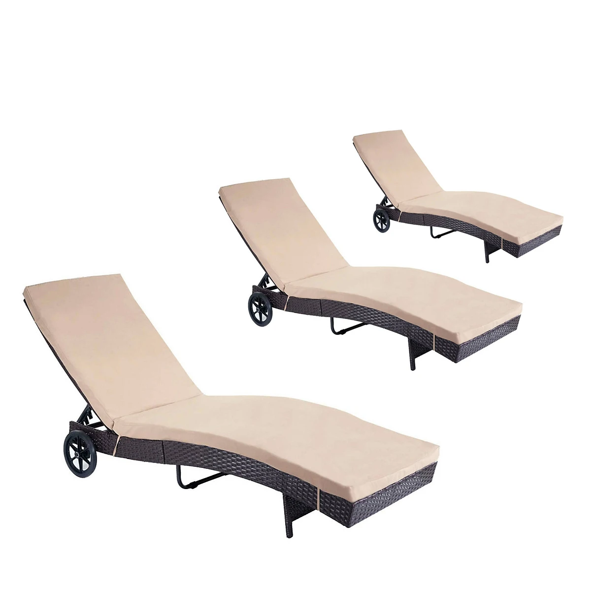 Swimming Pool Chaise Lounge Plastic Wicker Outdoor Furniture Leisure Sun Lounge Chair with 2 Wheels Rattan Lounger