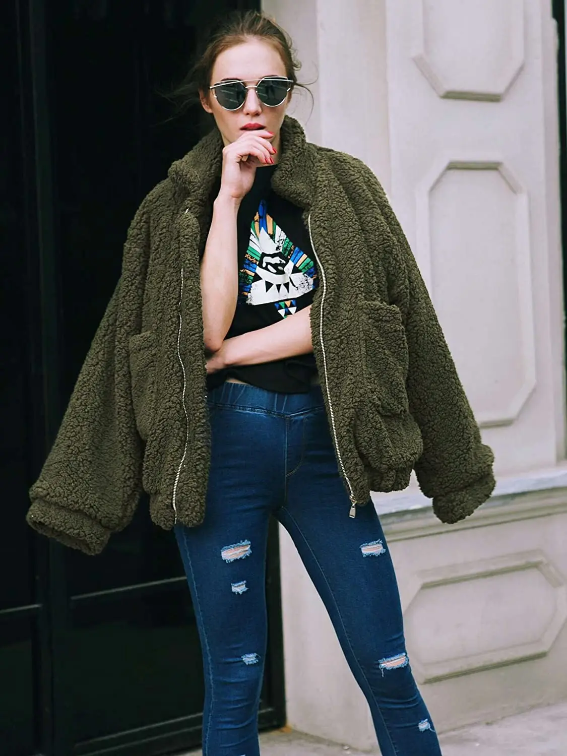 Женская модная одежда с длинными рукавами, с отложным воротником на молнии из искусственного флиса на осень куртка из овечьей шерсти с длинным ворсом, пальто свободного кроя куртка на теплую зиму