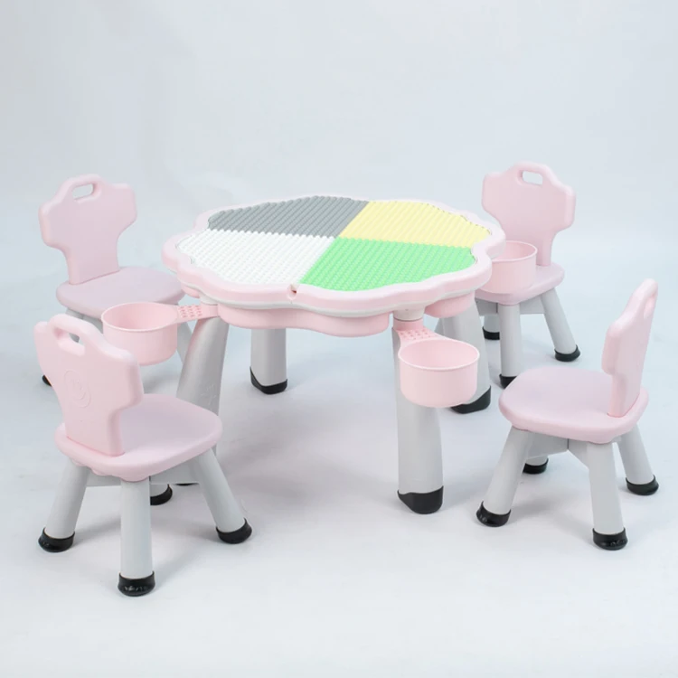 Eco-friendly Flower Shape Multifunction Plastic building blocks kids table with chair