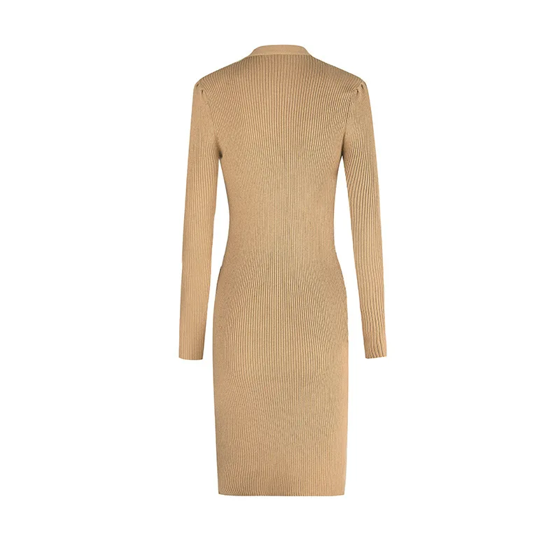 New Dropshipping Brown Winter Midi Dress knit Long Sleeves Bodycon Women Dress