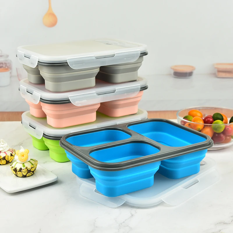Multi Function Heat Insulation Foldable Panic Travel Food Container Leakproof 3-Cavity Silicone Collapsible Lunch Box Bento Box
