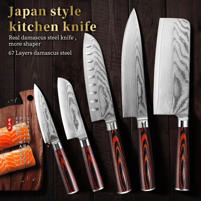 67 Layers Damascus Steel 5 Inch Utility Knife Blades With Sheath Pakka Wood Handle 8Cr14MoV Forged Blade