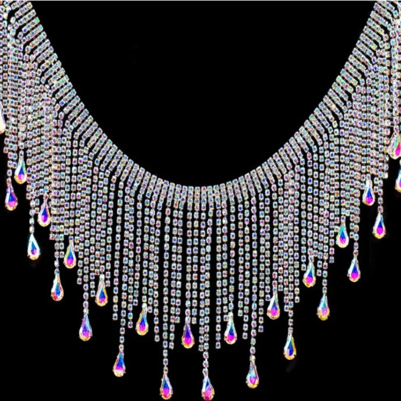 JFRT028 OEM Customized Welding Claw Crafts Crystal Rhinestone Fringe Trim Silver Long Tassel Garment Accessories