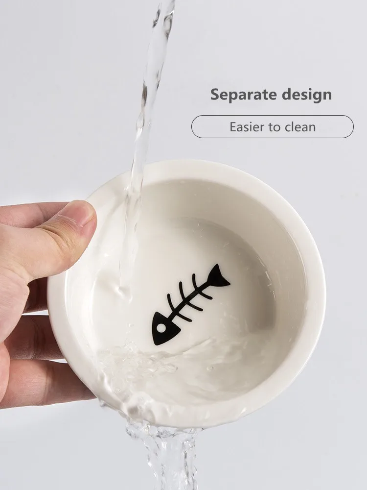 Factory Wholesale Safety And Health Bamboo Pet Cat Double Bowl Ceramic Pet bowl