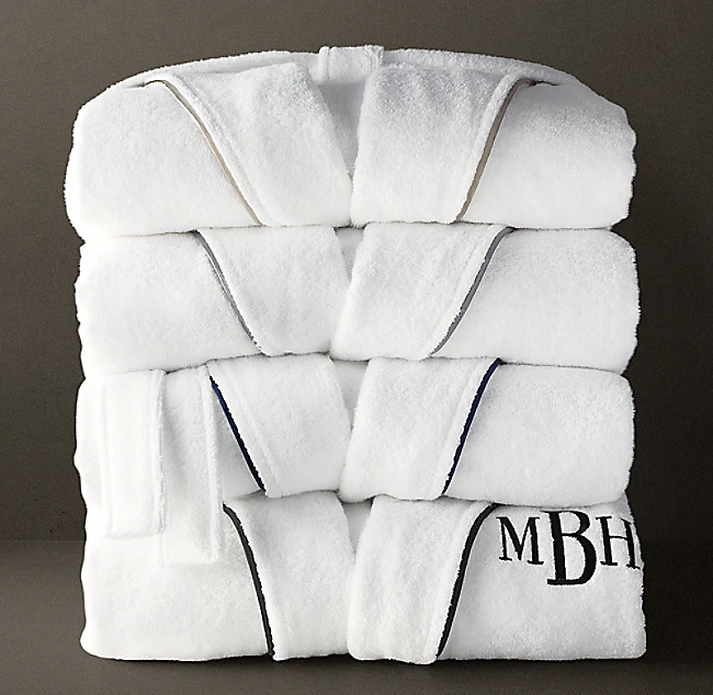 Wholesale Customized Logo Shawl Collar Piped Bath Robe 100% Cotton Hotel Terry cloth Spa Bathrobe with Black Piping