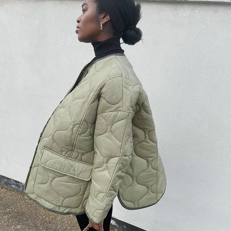 Vintage Plain Elegant Simple Quilted Button Up Oversized Military Women Winter Coats Jackets 2021