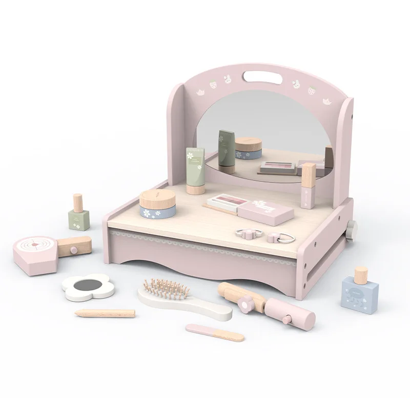 Hot selling Kids pretend to play make up toy girls dresser makeup toy wooden dresser simulate makeup tool toy set